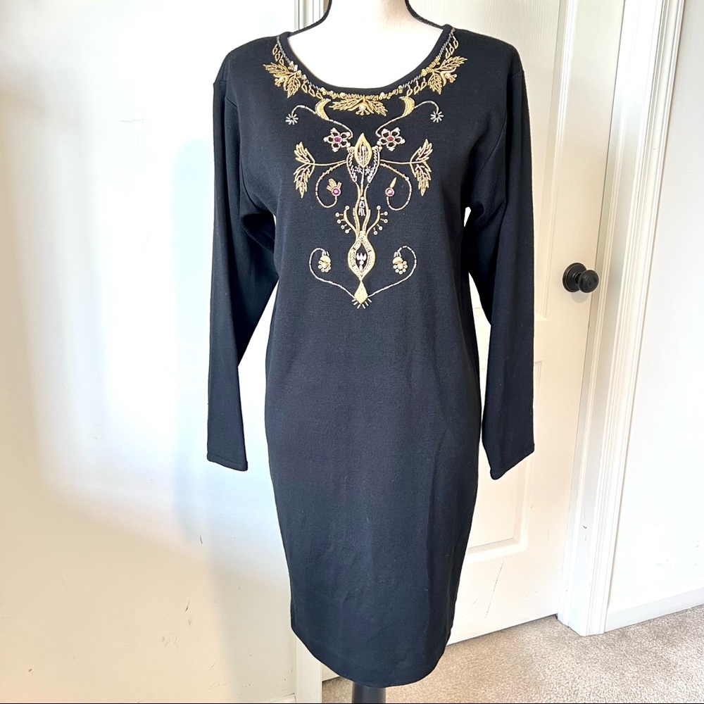 Vintage CAROLE LITTLE Petite Wool Blend Embellished Sweater Dress—SZ. SP